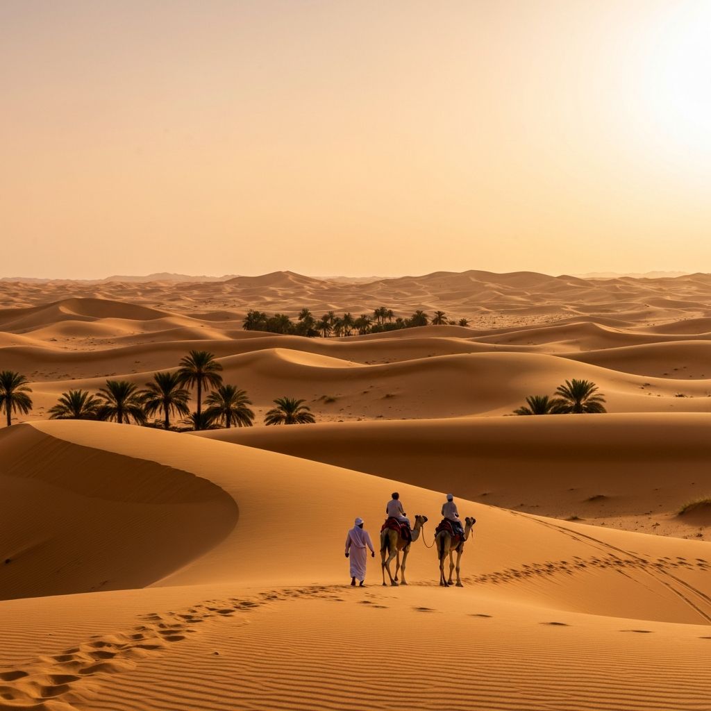 Desert safari by camel at sunset